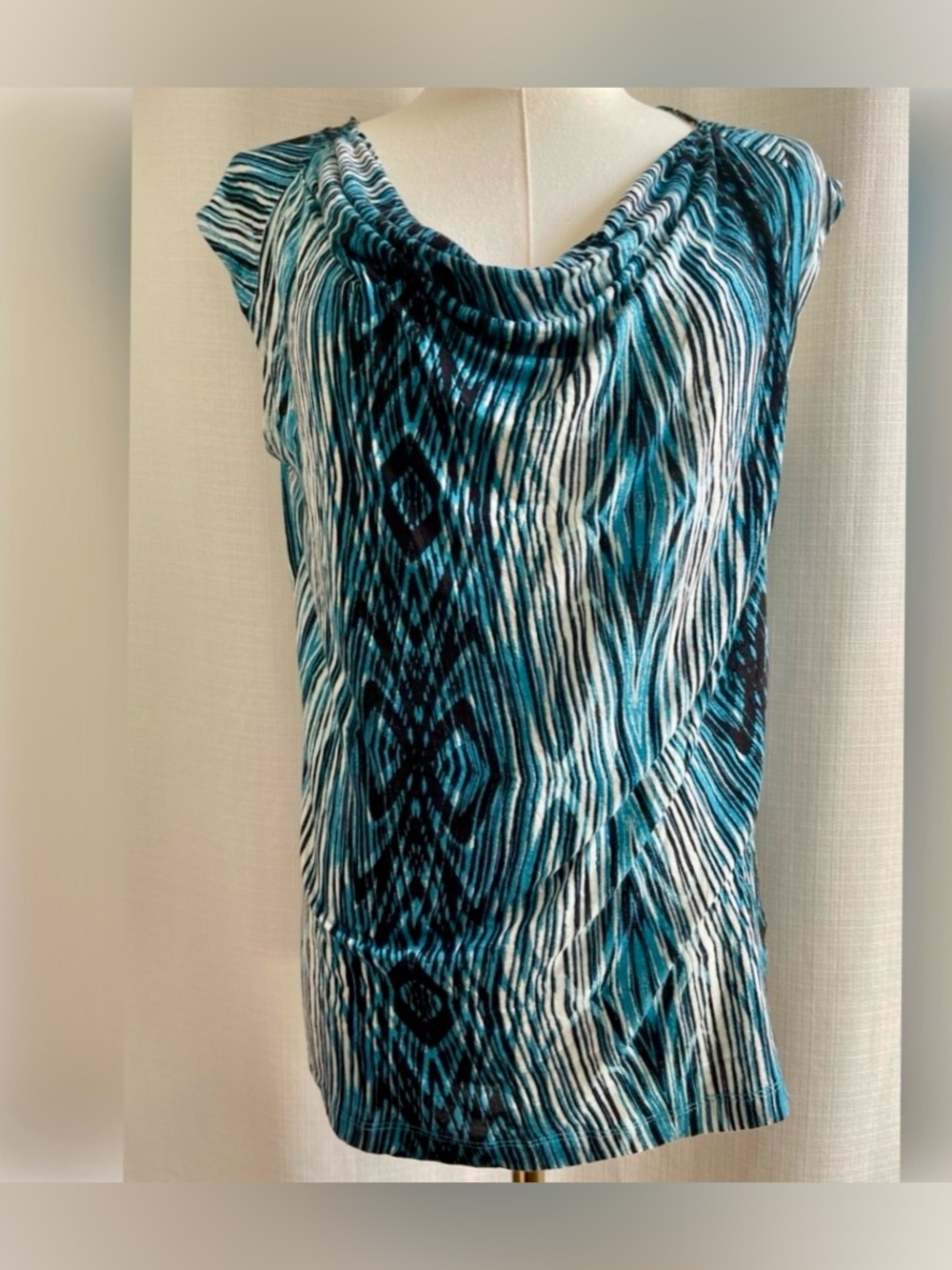 Derek Lam Kohls Abstract Teal Woodgrain Cowl Neck Sleeveless Blouse Tank Top S